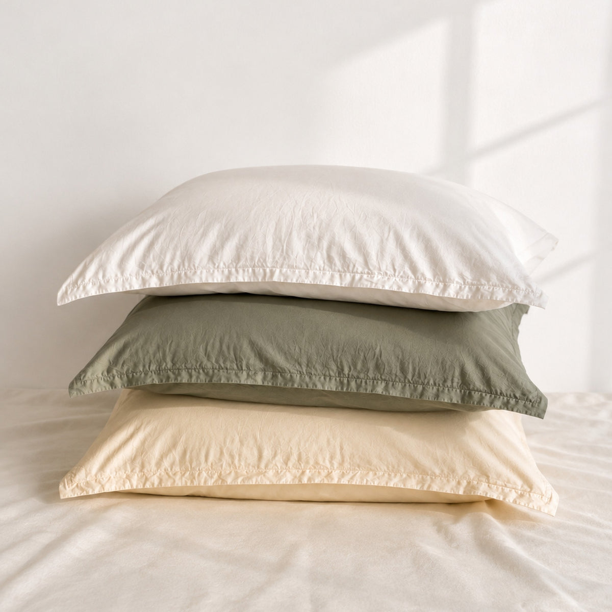 Trei fețe de pernă TENCEL™ mix and match în Snow White, Laurel Green și Angora, cu tiv cusut pe margine