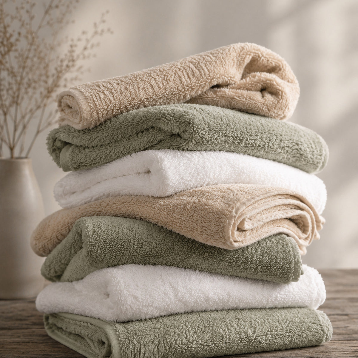 Teanc de prosoape TENCEL™ și bumbac în Angora, Laurel Green și Snow White, pe o suprafață de lemn
