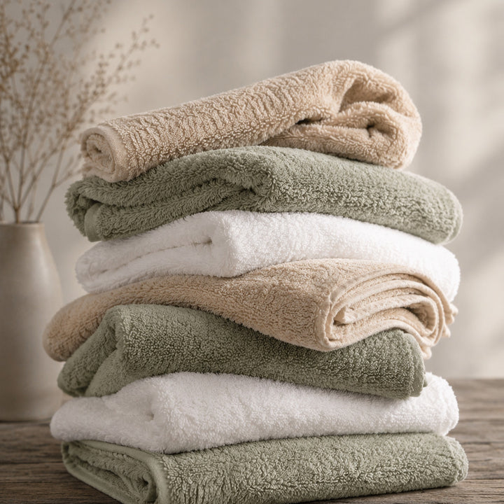 Teanc de prosoape TENCEL™ și bumbac în Angora, Laurel Green și Snow White, pe o suprafață de lemn